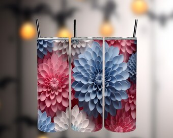 Fiori colorati 3D senza soluzione di continuità 20 oz Skinny Tumbler Sublimation Design, Tumbler dritto e affusolato, Download digitale istantaneo PNG