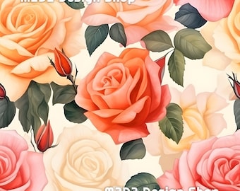 Spring Summer Floral Watercolor Roses Print Seamless Pattern Repeating File for Fabric Printing Sublimation Commercial Use