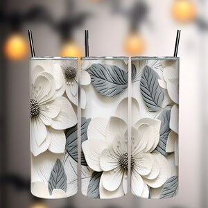Flores monocromáticas 3D Diseño de sublimación de vaso flaco sin costuras de 20 oz, envoltura de vaso recto y cónico, descarga digital instantánea PNG