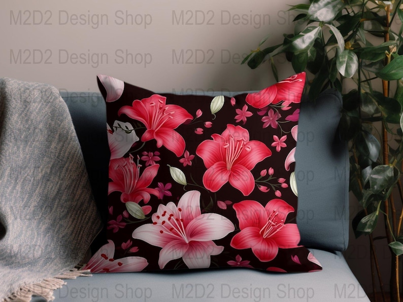 Floral Digital Wallpaper, Red and White Lily Flower Design, Botanical