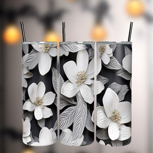 Flores monocromáticas 3D Diseño de sublimación de vaso flaco sin costuras de 20 oz, envoltura de vaso recto y cónico, descarga digital instantánea PNG