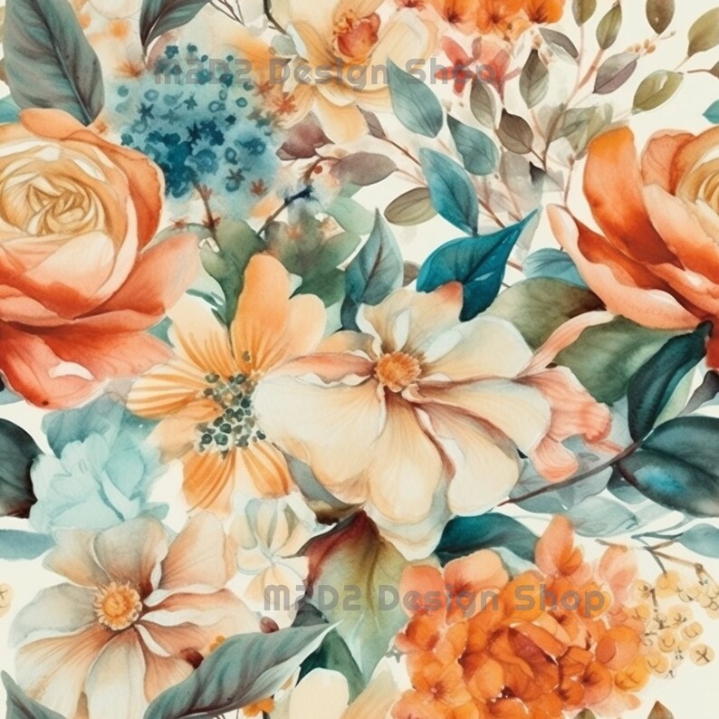 May include: A watercolour painting depicting a bouquet of flowers in shades of orange, yellow, and teal. The flowers are arranged in a loose, natural style, with some petals overlapping and others cascading down. The background is a soft white.