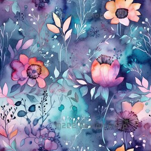 May include: Watercolour painting of a floral pattern with pink, purple, and blue flowers on a blue background.