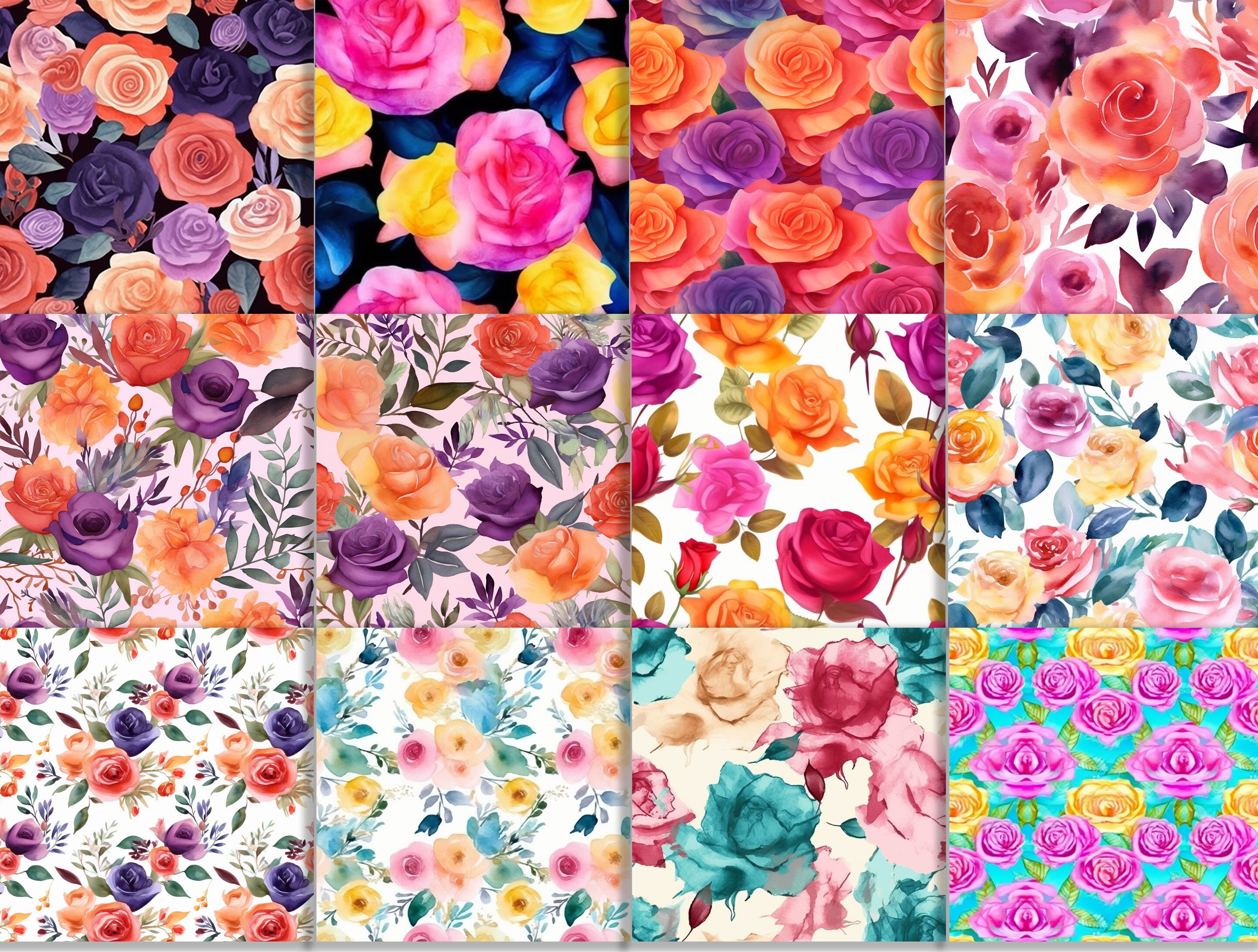 Floral Digital Paper - SEAMLESS - Watercolor Roses Flower Patterns - 12 ...