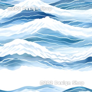 Op de afbeelding: Abstracte aquarelverf van blauwe en witte bergen met de tekst "M2D2 Design Shop" boven en onder in de afbeelding.