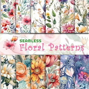 May include: A set of 10 watercolour floral seamless patterns. The patterns feature a variety of flowers, including daisies, roses, sunflowers, and lilies. The patterns are in a variety of colours, including pink, blue, yellow, and green.