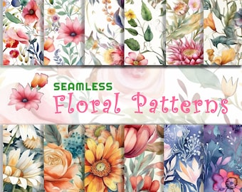 Floral Digital Paper - SEAMLESS - Watercolor Flower Patterns - 12 Designs - 12x12in - Commercial Use, Printable Paper