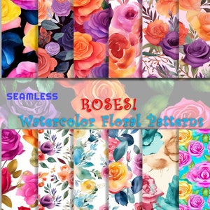 Floral Digital Paper - SEAMLESS - Watercolor Roses Flower Patterns - 12 Designs - 12x12in - Commercial Use, Printable Paper