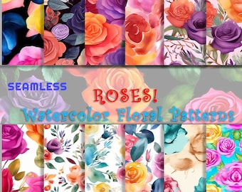 Floral Digital Paper - SEAMLESS - Watercolor Roses Flower Patterns - 12 Designs - 12x12in - Commercial Use, Printable Paper
