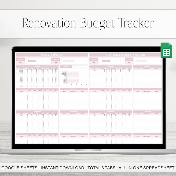 Foglio di calcolo per pianificatore di ristrutturazione casa, modello di budget per progetti di casa fai da te Fogli Google, elenco contatti, monitoraggio delle spese di ristrutturazione e design d'interni