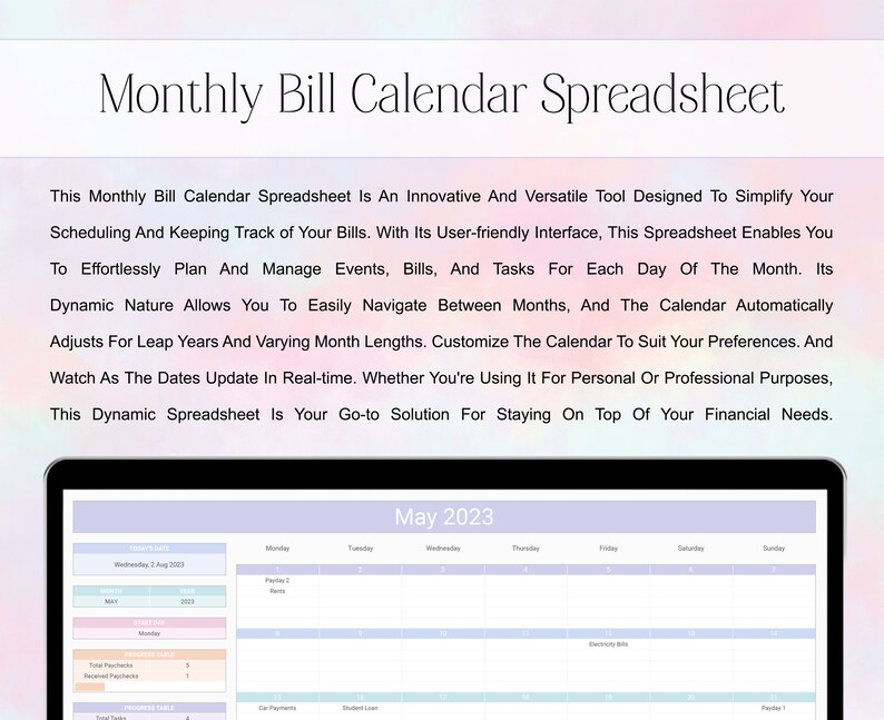 2024 2025 Bill Tracker Calendar Google Sheets Spreadsheet, Annual