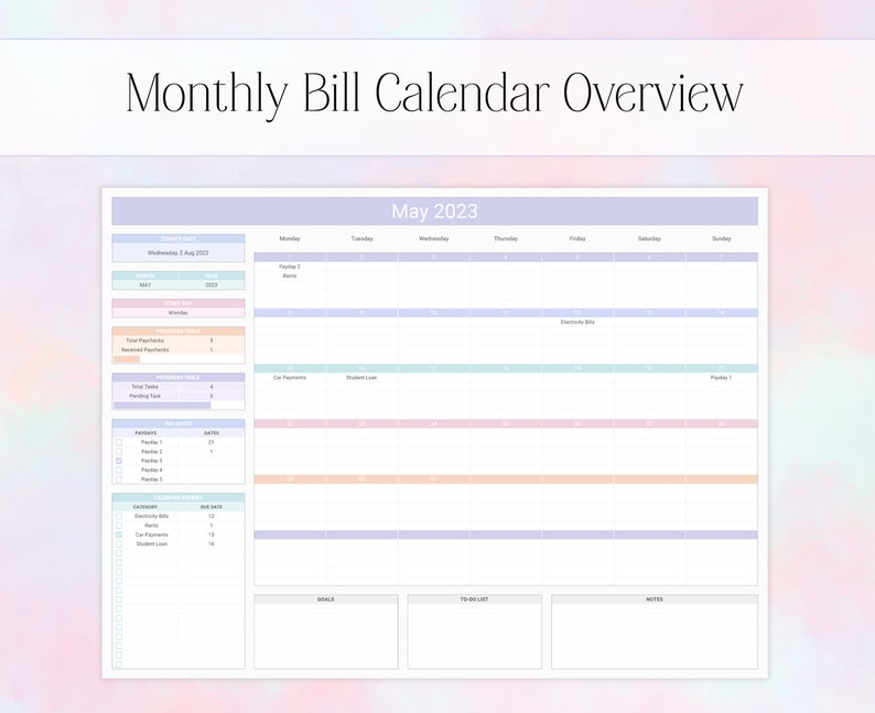 2024 2025 Bill Tracker Calendar Google Sheets Spreadsheet, Annual