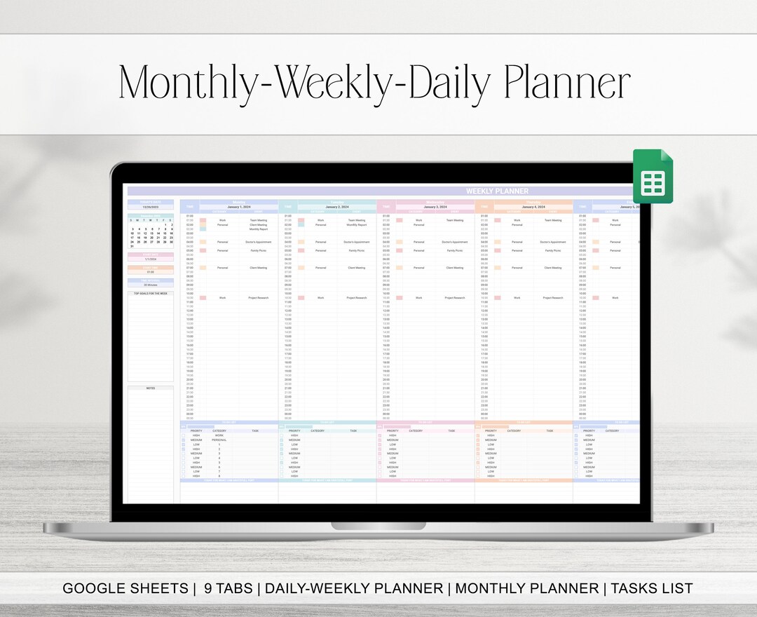 2024 2025 Daily Weekly Monthly Planner Spreadsheet, Dynamic Google Sheets Calendar, to Do List