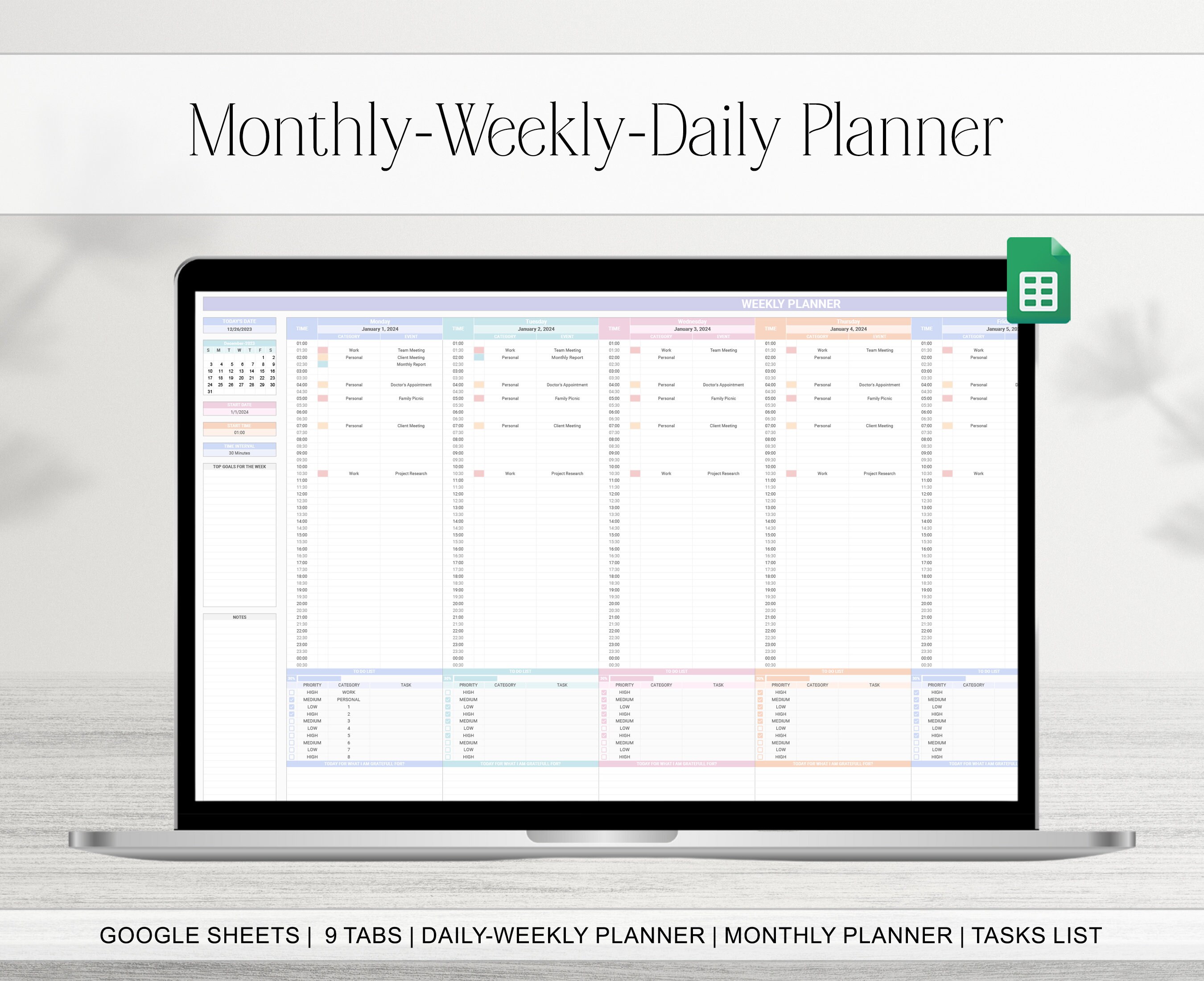 2024 2025 Daily Weekly Monthly Planner Spreadsheet, Dynamic Google
