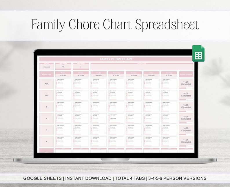 Chore Chart Google Sheets Spreadsheet, Family Weekly Chores Editable