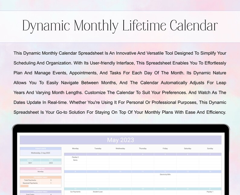 2023 2024 Monthly Calendar Spreadsheet Dynamic Google Sheets Etsy