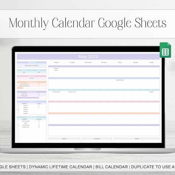 2024 2025 maandelijkse kalenderspreadsheet, dynamische Google Spreadsheets digitale planner, takenlijst, geautomatiseerde jaarlijkse takentracker, factuurkalender