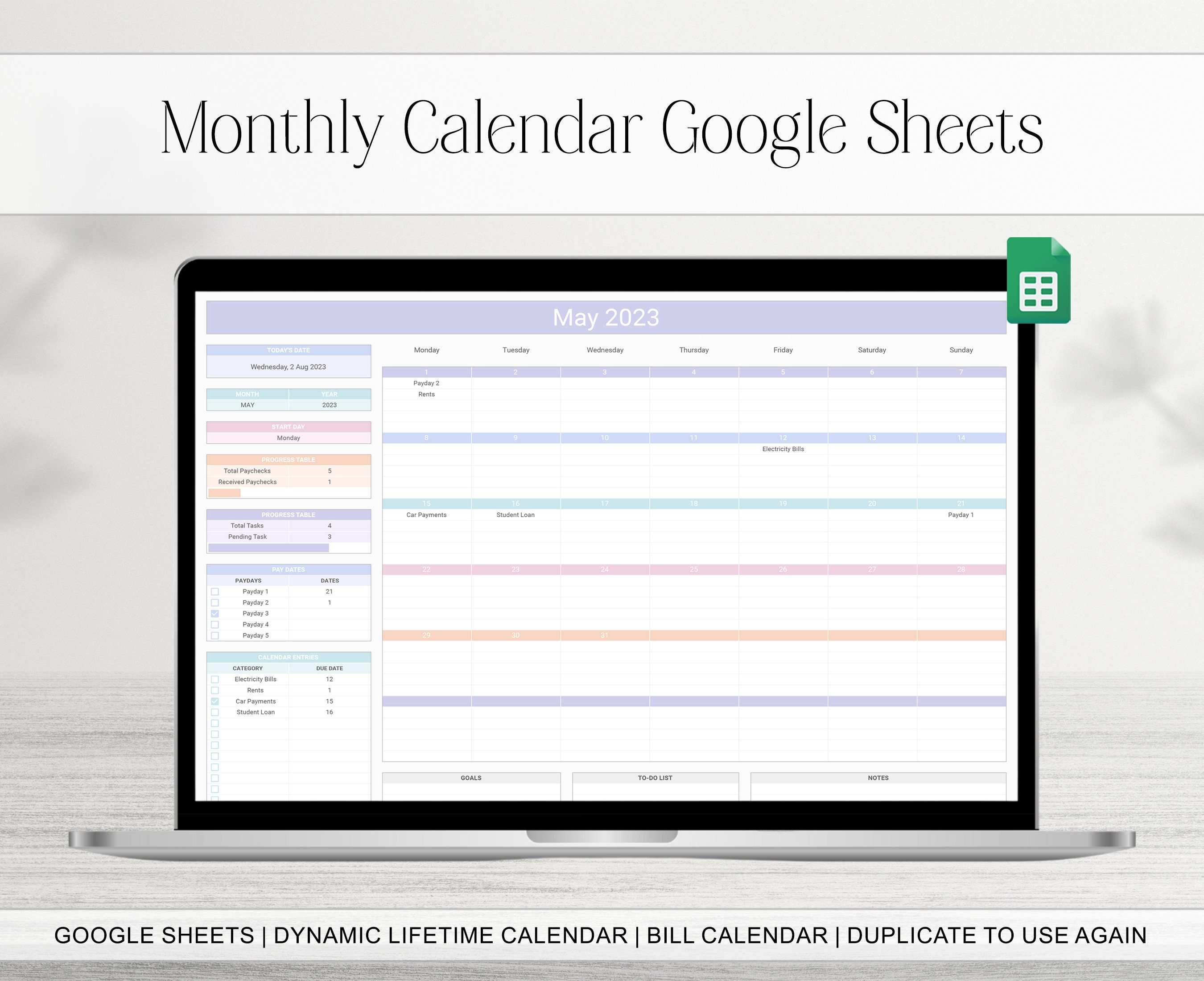 2024 2025 Monthly Calendar Spreadsheet, Dynamic Google Sheets Digital