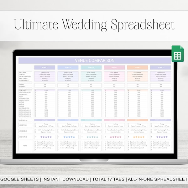 Wedding Planner Spreadsheet Pastel, Budget Calculator, All-In-One Google Sheets, Guest List, To Do List, Timeline, Checklists, Seating Chart