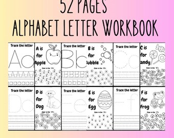 May include: Black and white printable alphabet tracing workbook with 52 pages. Each page features a letter of the alphabet, a picture, and a word that starts with that letter. The workbook includes tracing lines, letter practice, and a coloring activity.