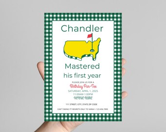May include: A green and white checkered invitation with the text "Chandler Mastered his first year". The invitation features a yellow map with a red flag, and details for a birthday party, including the date, time, and location.