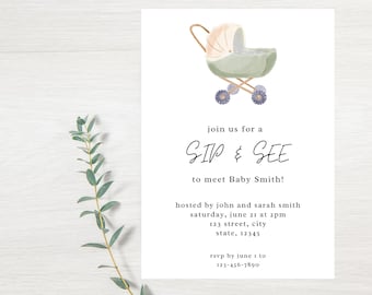 Sip & See, Baby Invitation, Party Invite, Digital Invite Template 5x7 1-sided