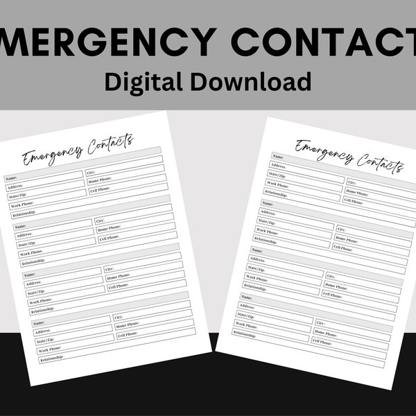 Emergency Contact List | Emergency Contact Form | Emergency Contact Information | Emergency Printable | Contact Sheet | Instant Download