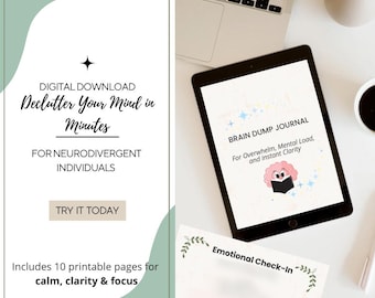 Brain Dump Journal Printable PDF | Mental Clarity, Focus, Emotional Check-In for Overwhelm Relief | Neurodivergent Brain Dump Journal | ADHD