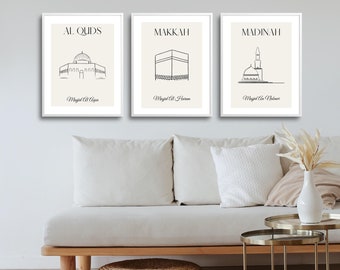 Kaaba, Masjid An Nabawi, Masjid Al Aqsa, Set of 3 Islamic Wall Art, Printable Wall Art, Islamic Wall Decor, Islamic Gifts, Home Decoration