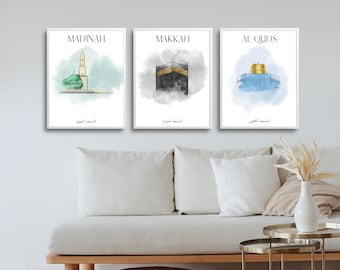 Kaaba, Masjid An Nabawi, Masjid Al Aqsa, Set of 3 Islamic Wall Art, Printable Wall Art, Islamic Wall Decor, Islamic Gifts, Calligraphy Art