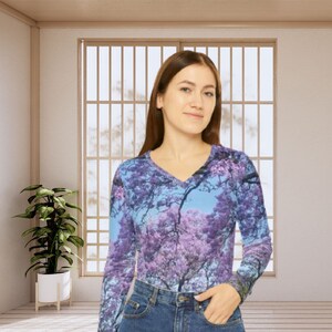 Spring Blossom Women&#39;s V-Neck Long Sleeve Shirt Women&#39;s Clothing for Everyday Use Birthday gift Ideas for Her | Unique women Shirt Design