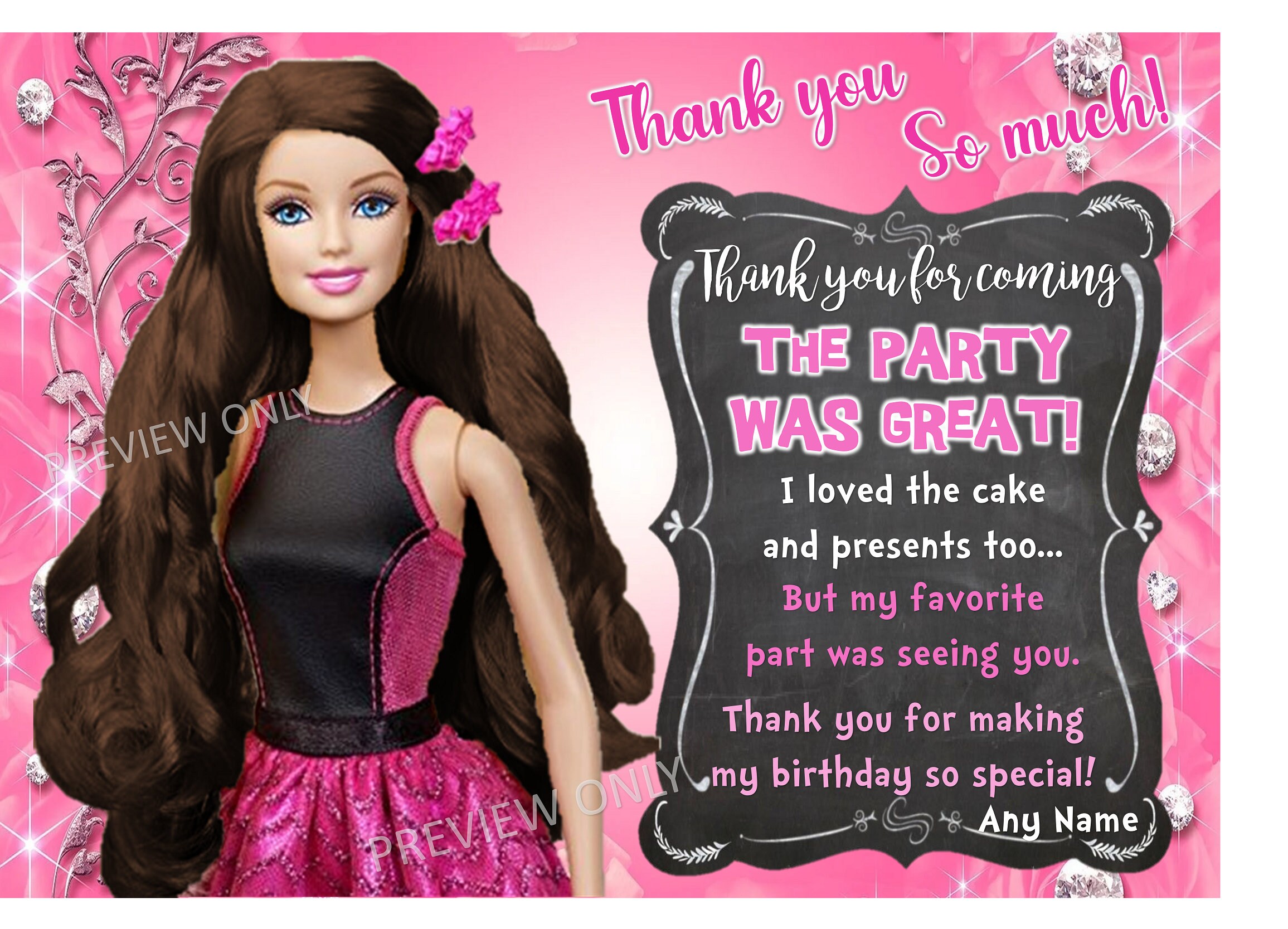 Barbie Brunette Girl Birthday Party Digital Thank You Card You Print 4x6 Or  5x7 | lupon.gov.ph