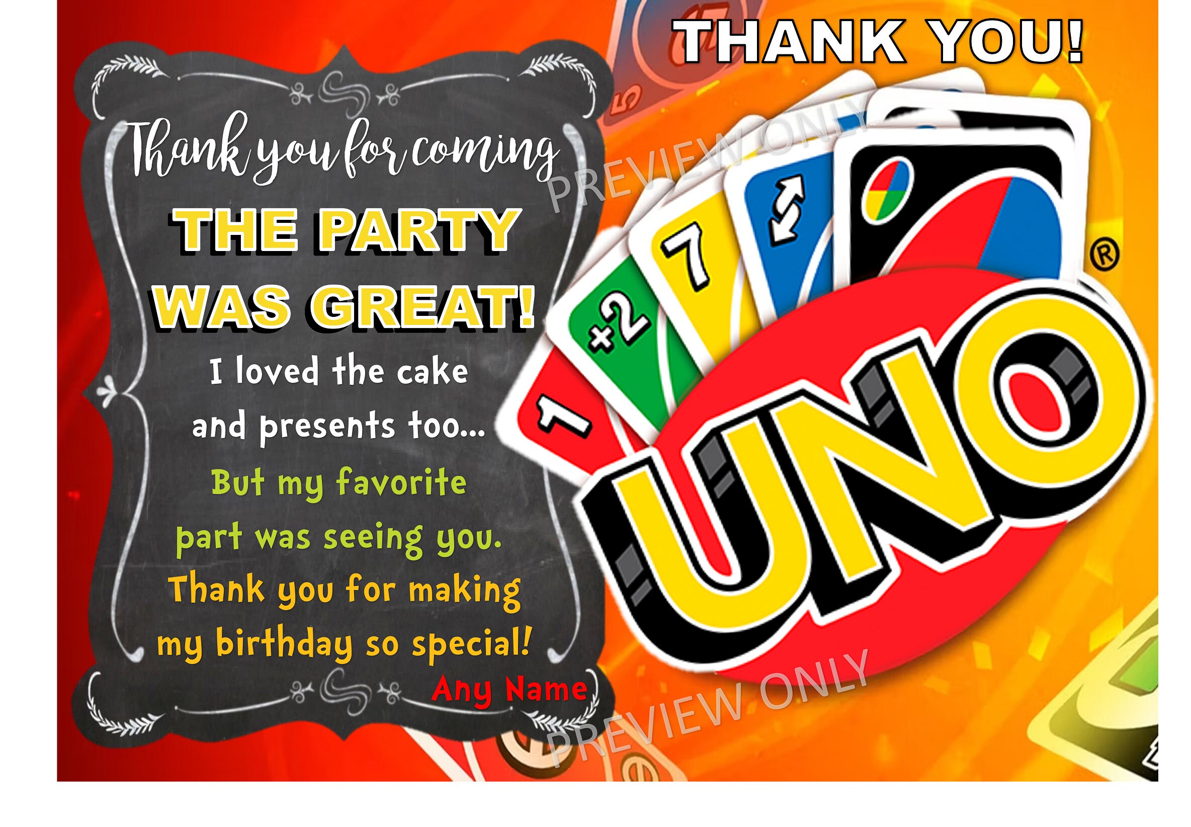 Uno Card Game Birthday Party Digital Thank You Card You Etsy