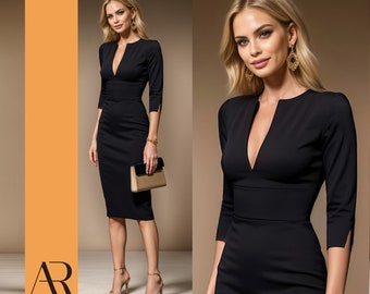 AUDRAY - black fitted sheath midi dress with 3/4 sleeves