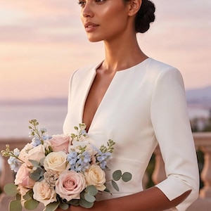 May include: A woman in a white dress holds a bouquet of pink, cream, and blue flowers. The dress has a V-neck and three-quarter sleeves. The image includes the text "AUDRAY The Luxury in Comfort".