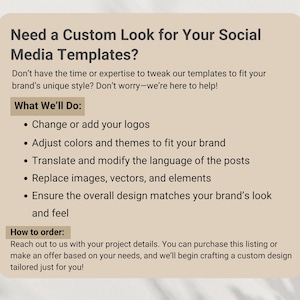 Peut inclure: Graphique beige avec le texte "Besoin d'un look personnalisé pour vos modèles de médias sociaux ?" et des puces détaillant les services tels que les changements de logo, les ajustements de couleurs et la traduction de la langue.