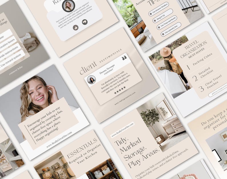 Home organizing home organization Professional or Personal organizer Decluttring CANVA Instagram and Facebook social media posts templates