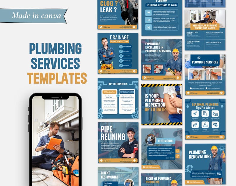 Plumbing Service Canva Instagram Post Templates, Plumbing company Business Templates, Plumber Social media template, Plumber Marketing