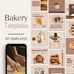 May include: A collection of 50 social media templates for bakeries. The templates feature various images of baked goods, including croissants, pastries, cinnamon rolls, cookies, and bread. The templates also include text elements such as "French Croissants", "Baked Fresh Daily", "Delicious Pastries", "Grand Opening Promo", "Cinnamon Roll 10%", "Enter Our Giveaway", "Customer Survey", "New On Our Menu!" and "Baked Fresh Daily".