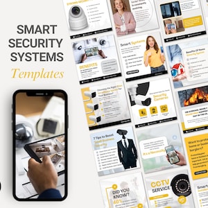 May include: A set of social media templates for smart security systems. The templates include images of security cameras, text about the benefits of security systems, and statistics about home burglaries. The templates are designed for use on platforms such as Instagram and Facebook.
