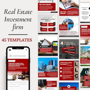 Pode incluir: Uma coleção de 45 modelos de mídia social para empresas de investimento imobiliário. Os modelos apresentam esquemas de cores vermelho e branco com texto como "Você sabia?" e "4 tipos comuns de avisos de despejo".