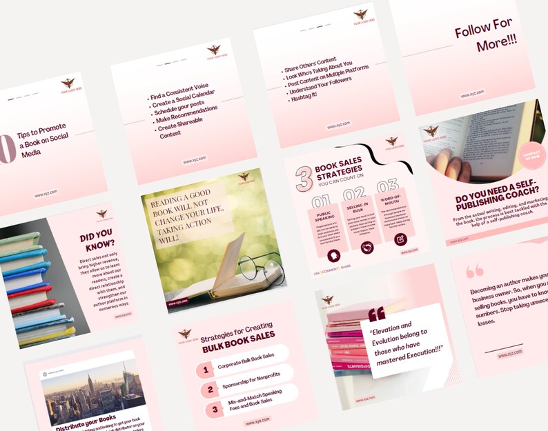 Author and Book Writer CANVA Editable Instagram and Facebook social media marketing minimalistic posts templates for small businessess