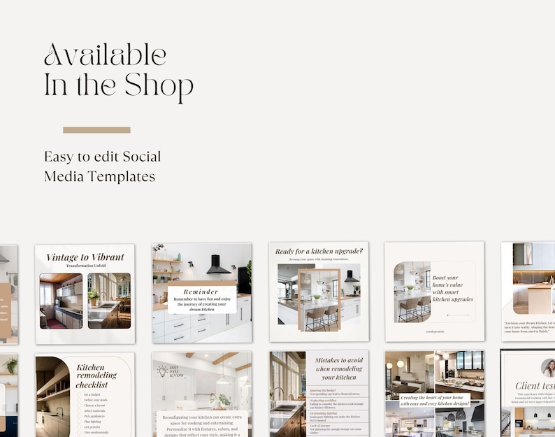 Kitchen remodeling renovation redo redesign makeover interior designer social media instagram canva minimalistic post templates