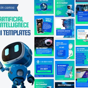 Op de afbeelding: Een verzameling van negen kleurrijke social media-sjablonen met een blauwe robot die een gloeilamp vasthoudt. De sjablonen promoten het gebruik van kunstmatige intelligentie (AI) voor verschillende doeleinden, waaronder schrijven, onderwijs en creatieve taken. De tekst op de sjablonen bevat zinnen als "AI Creator", "Wist je dat?", "Verbeter je schrijfproductiviteit" en "Creatieve virtuele AI-assistenten".