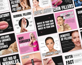 Könnte beinhalten: Eine Collage aus neun pinkfarbenen und schwarzen Instagram-Quadraten mit Text und Bildern zu kosmetischen Injektionen. Der Text beinhaltet "Botox Areas", "Dermal Fillers", "Chin Fillers", "Meet Your Botox Injector", "Benefits of Fillers", "Why Consider Botox?", "Invest in Your Skin", "Get Rid of Wrinkles" und "Myth Fact". Die Bilder zeigen ein Frauen Gesicht mit einer Spritze, ein Frauen Gesicht mit einem Diagramm, wo Botox injiziert werden kann, und ein Frauen Gesicht mit einem Diagramm, wo Dermal Filler injiziert werden können.
