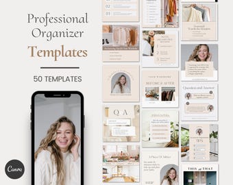 May include: A collection of 50 social media templates for professional organizers. The templates feature a neutral color palette of beige and brown with a modern minimalist design. The templates include text boxes, images, and graphics. The text on the templates includes "Professional Organizer", "Templates", "50 Templates", "Your Wardrobe Before & After", "Question and Answer", "Today's Poll", "A Piece of Advice", "This or That", and "Organization Tips".