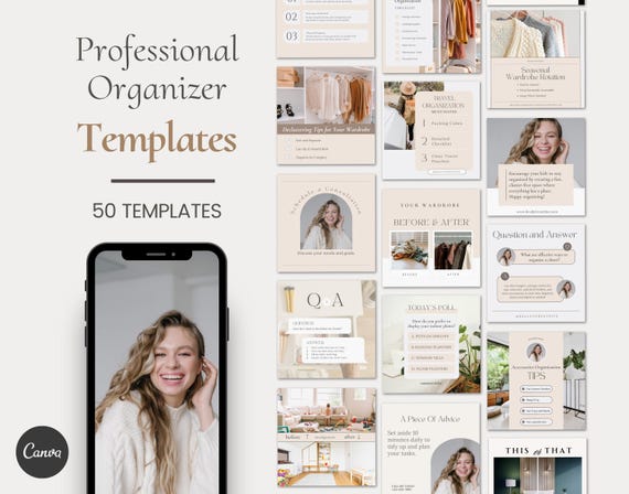 Home organizing home organization Professional or Personal organizer Decluttring CANVA Instagram and Facebook social media posts templates