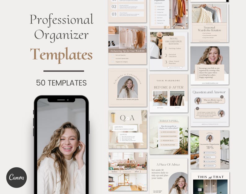 Home organizing home organization Professional or Personal organizer Decluttring CANVA Instagram and Facebook social media posts templates