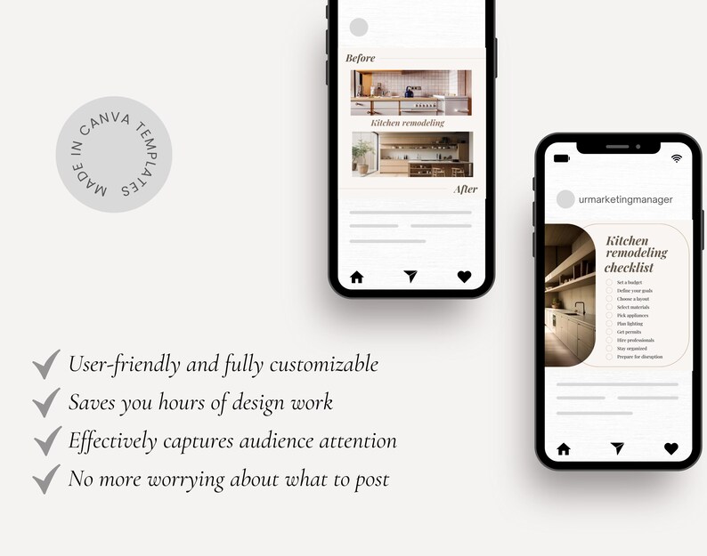 Kitchen remodeling renovation redo redesign makeover interior designer social media instagram canva minimalistic post templates