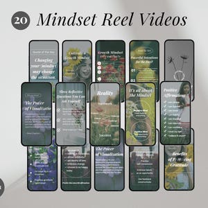 Könnte beinhalten: Eine Collage aus 20 Handy-Bildschirm-Mockups mit Tipps und Ratschlägen zur Kultivierung einer Wachstumsmentalität. Die Bildschirme zeigen Texte wie "Ändern Sie Ihre Denkweise, und Sie können die Situation verändern", "Die Kraft der Visualisierung", "Drei reflektierende Fragen, die Sie sich stellen können", "Realität", "Es dreht sich alles um die Denkweise", "Positive Affirmationen", "Die Kraft der Visualisierung" und "Vorteile der Übung von Dankbarkeit".